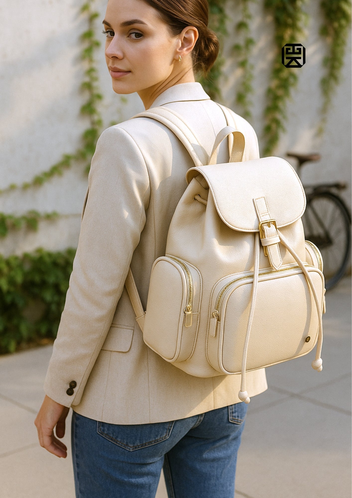 Morral casual para mujer con herrajes dorados y múltiples bolsillos