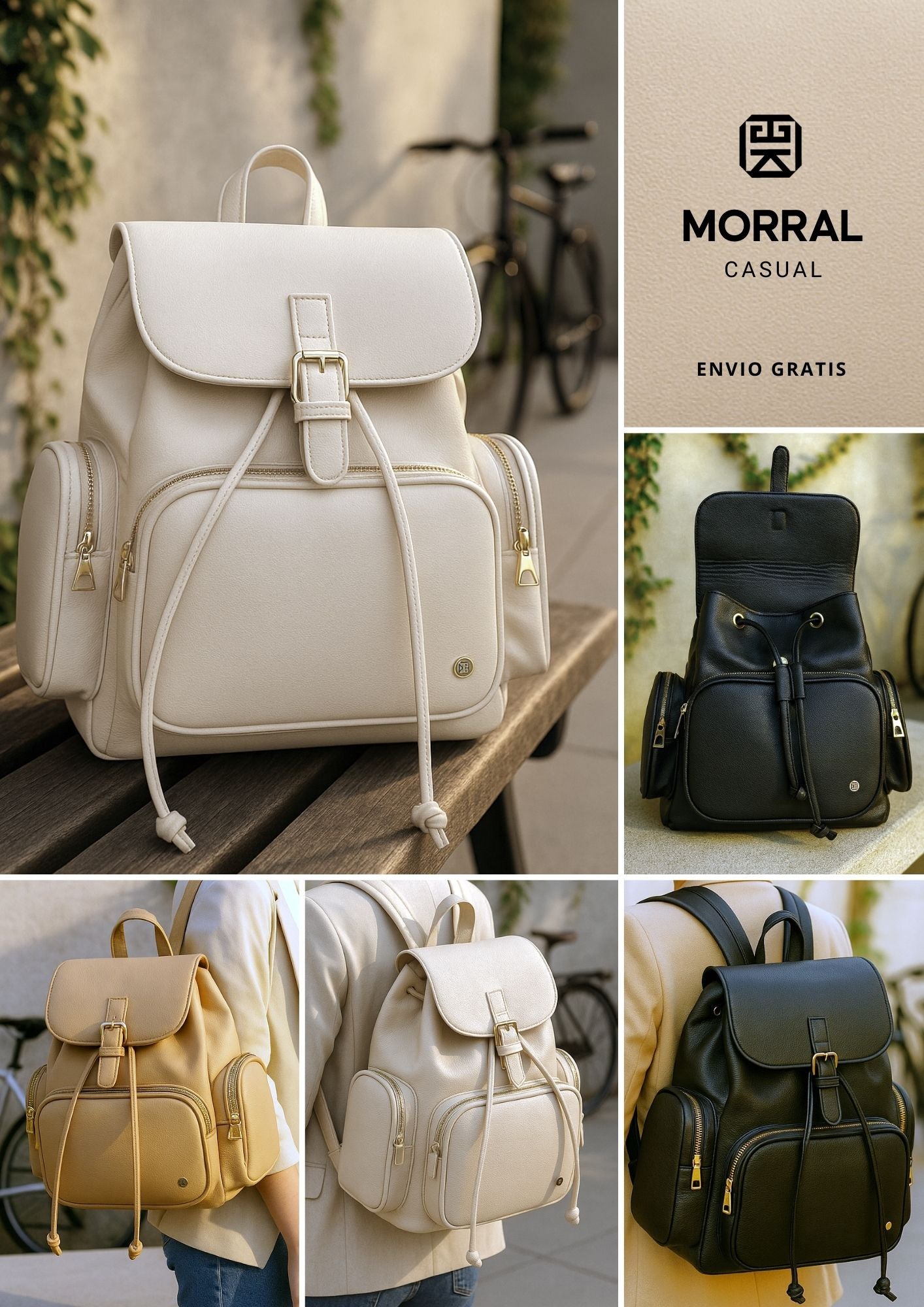 Morral casual para mujer con herrajes dorados y múltiples bolsillos