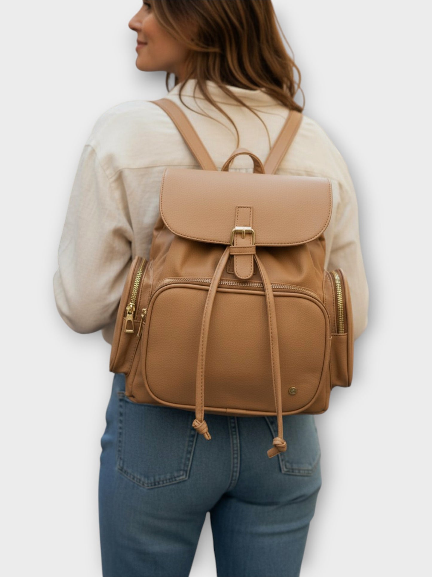 Morral casual para mujer con herrajes dorados y múltiples bolsillos - Negro, Beige y Arena