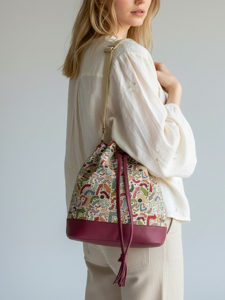 Bucket Bag Aria Miel, Negro, Beige, Azul y Vinotinto