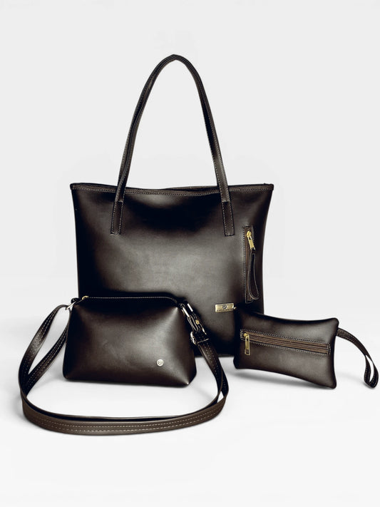Set de Tres Piezas Combo Bolso Tote Grande + Bandolera + Cartuchera Café y Negro (Aroa)