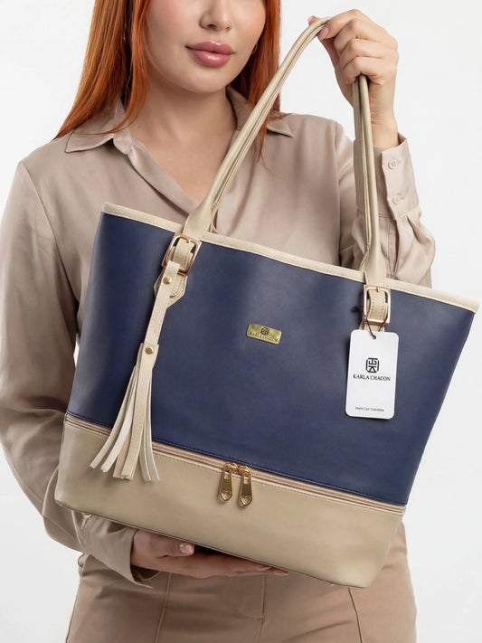 Cartera Bolso Tote Asia con Cosmetiquera - Azul y Negro