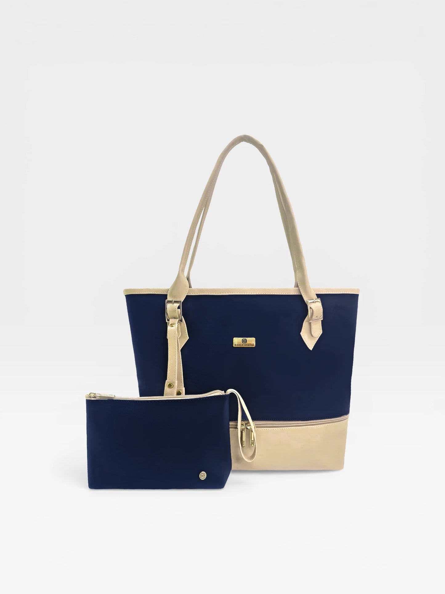Bolso Cartera Tote con Cosmetiquera - Azul y Negro (Asia)