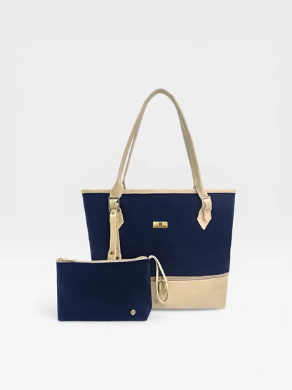 Bolso Cartera Tote con Cosmetiquera - Azul y Negro (Asia)