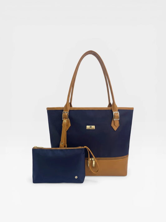 Bolso Cartera Tote con Cosmetiquera - Azul y Negro (Asia)