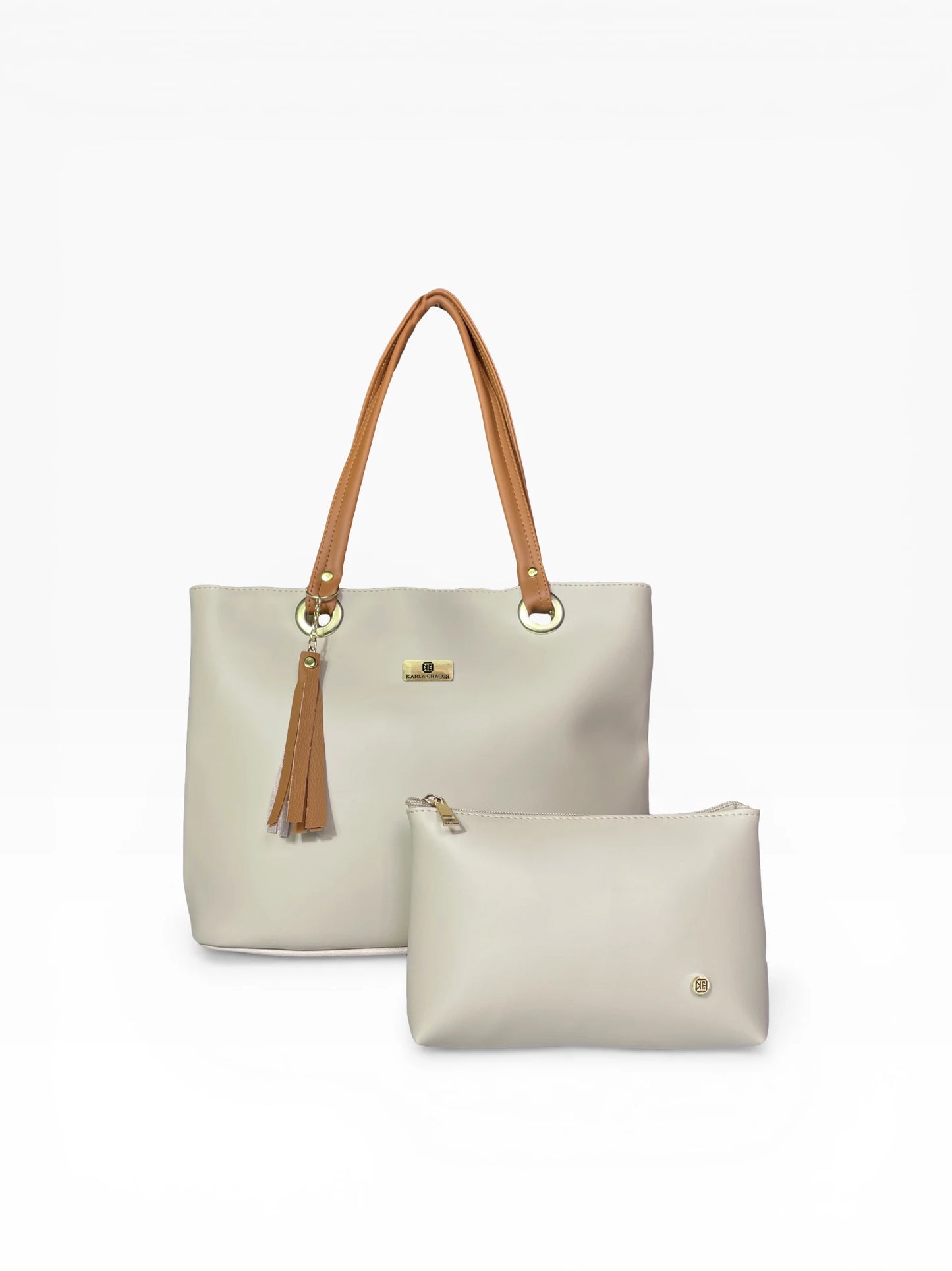 Bolso Cartera Mediana con Cosmetiquera - Negro Miel y Beige (Gady)