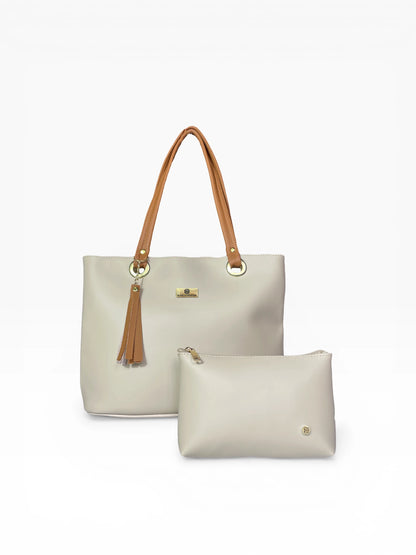 Bolso Cartera Mediana con Cosmetiquera - Negro Miel y Beige (Gady)
