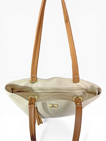 Bolso Cartera Mediana con Cosmetiquera - Negro Miel y Beige (Gady)