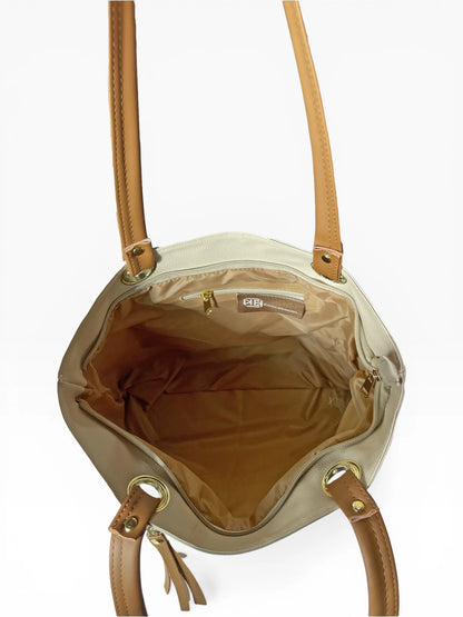 Bolso Cartera Mediana con Cosmetiquera - Negro Miel y Beige (Gady)