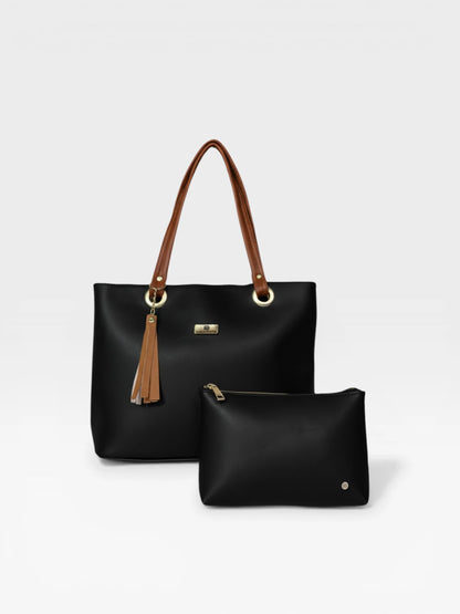 Bolso Cartera Mediana con Cosmetiquera - Negro Miel y Beige (Gady)