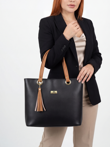 Bolso Cartera Mediana con Cosmetiquera - Negro Miel y Beige (Gady)