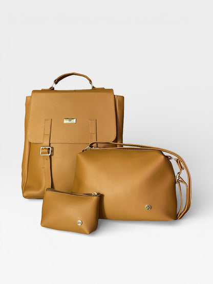 Set tres piezas Combo Morral Gina + Manos Libres Cuba + Monedero