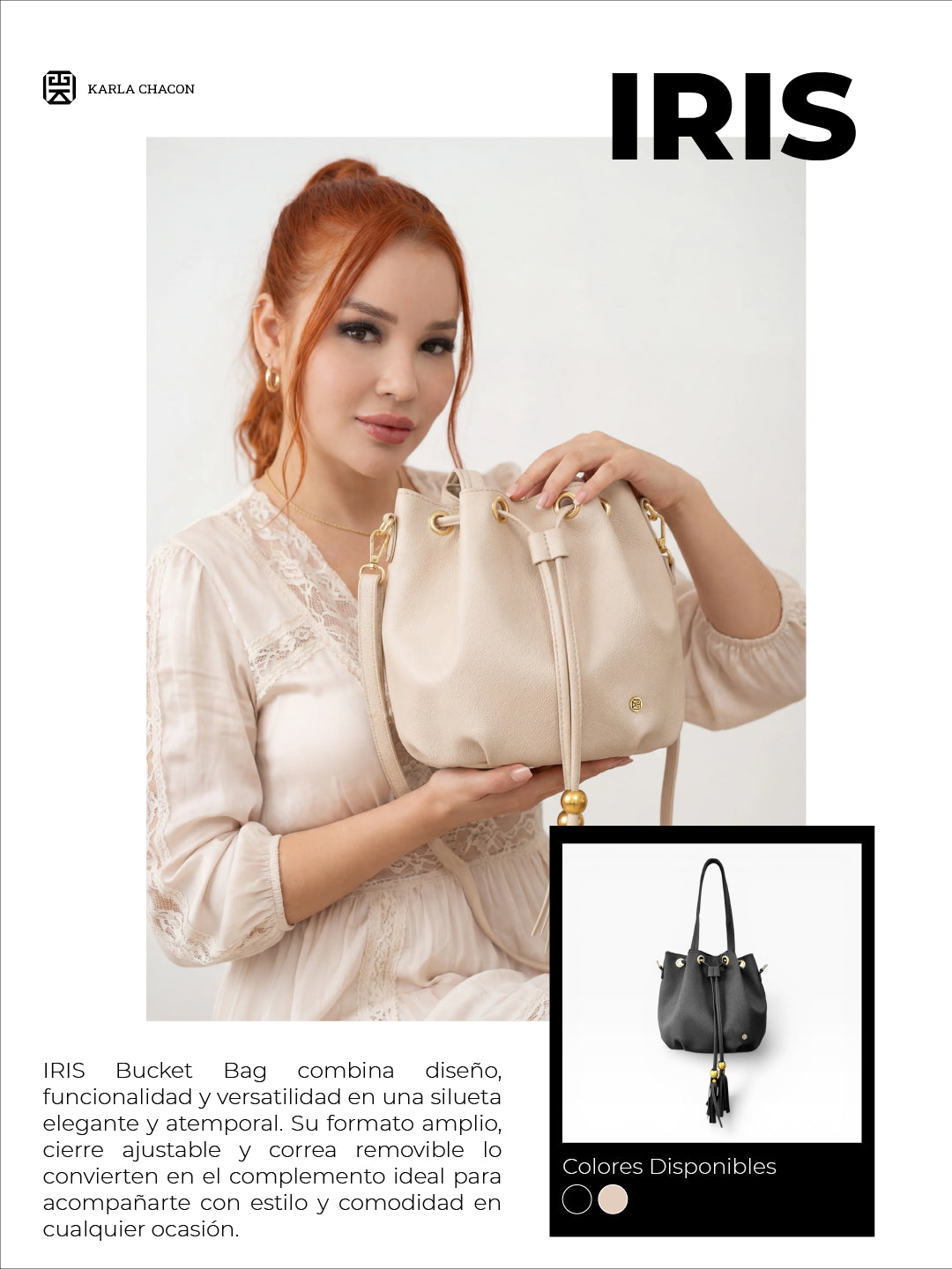 Bolso Doble Asa con Strap Removible Bucket Bag - Beige y Negro (Iris)