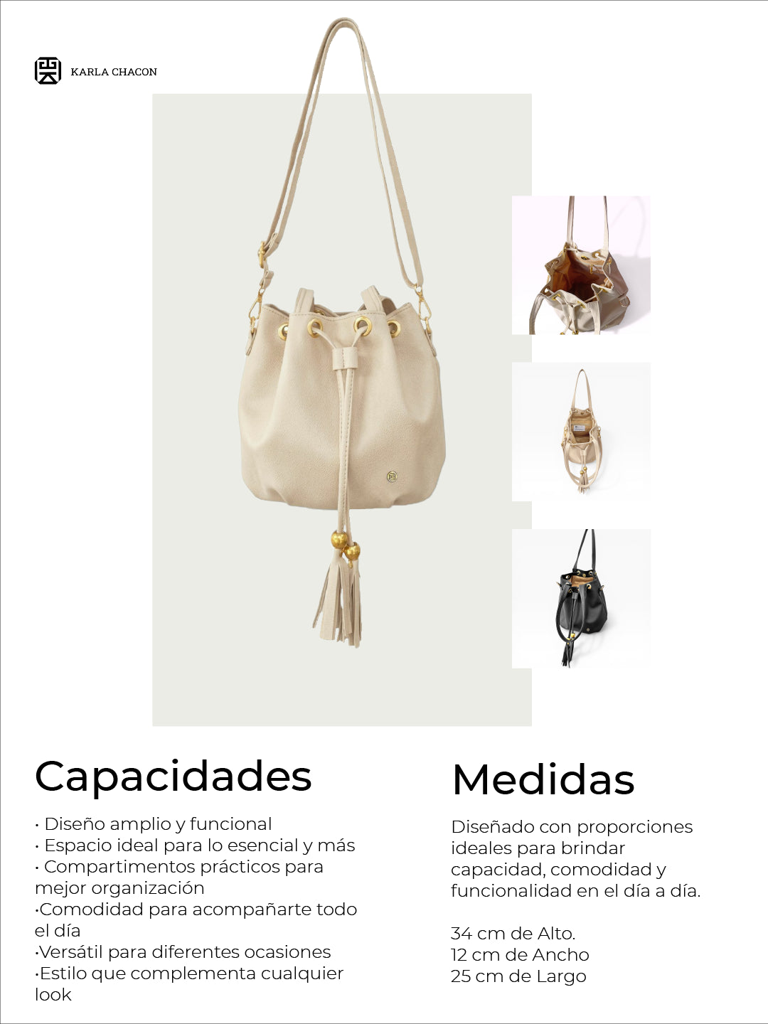 Bolso Doble Asa con Strap Removible Bucket Bag - Beige y Negro (Iris)
