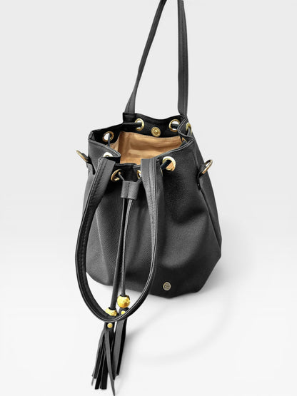 Bolso Doble Asa con Strap Removible Bucket Bag - Beige y Negro (Iris)