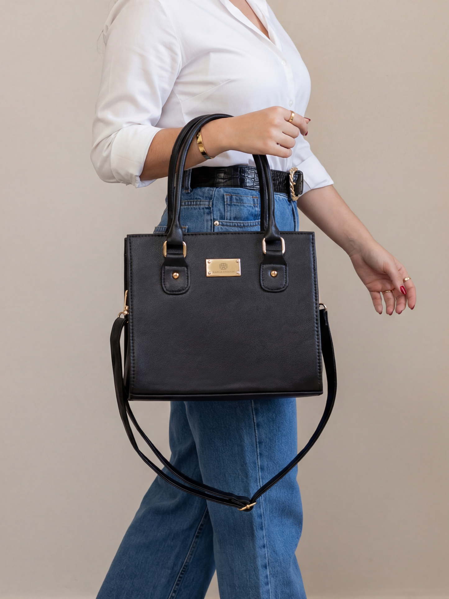 Bolso Cartera Estructurada Con Strap Desmontable - Negro y Crema (Jess)