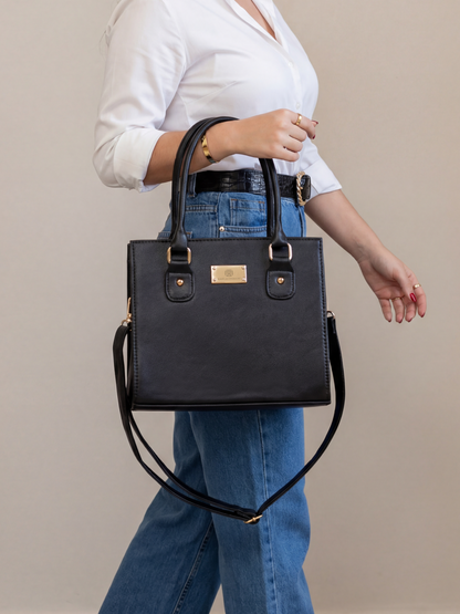 Bolso Cartera Estructurada Con Strap Desmontable - Negro y Crema (Jess)