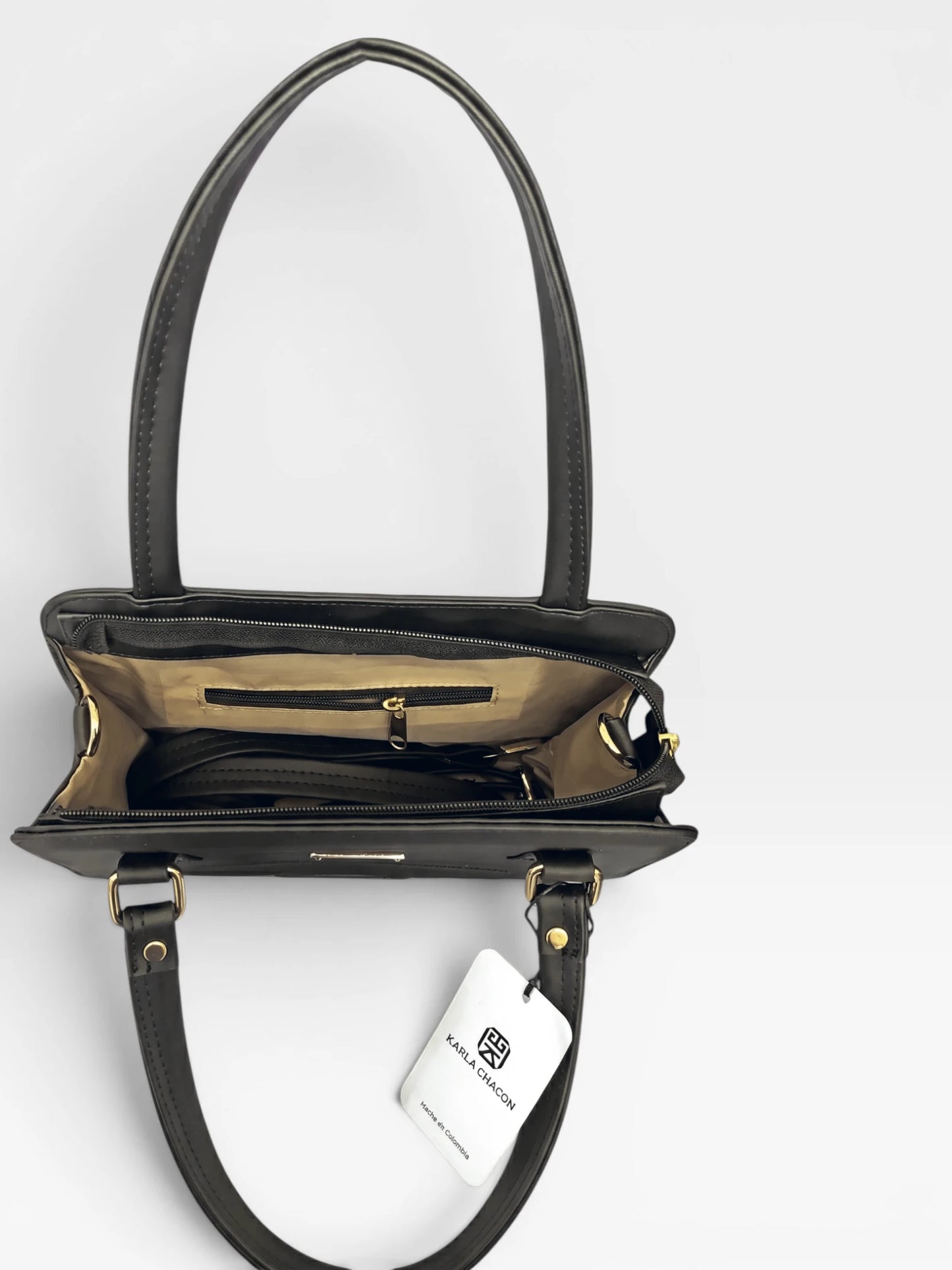 Bolso Cartera Estructurada Doble Uso con Strap Removible  - Negro y Beige (June)