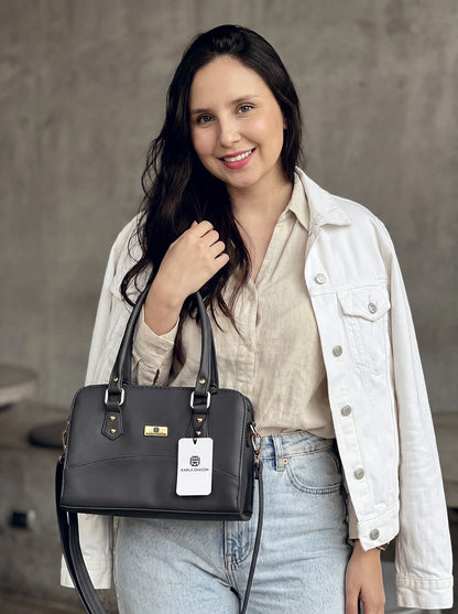 Bolso Cartera Estructurada Doble Uso con Strap Removible  - Negro y Beige (June)