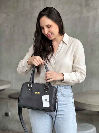 Bolso Cartera Estructurada Doble Uso con Strap Removible  - Negro y Beige (June)