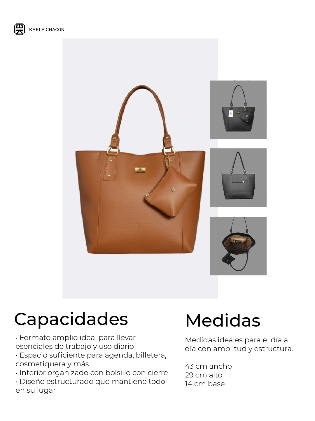 Bolso Cartera Tote con Monedero - Negro, Gris, Beige, Miel y Azul (Mila)