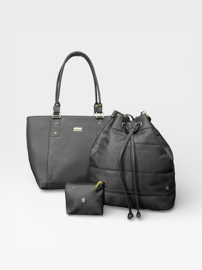 Set de tres piezas Combo Tote Mila + Manos libres Nena + Monedero - Negro y Beige