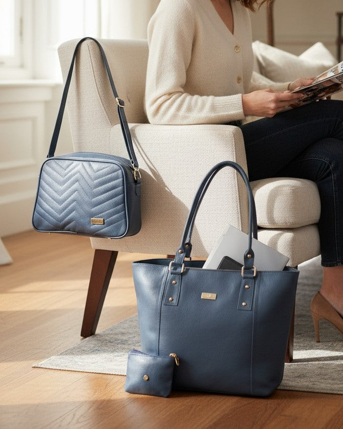 Set de tres piezas Combo Tote Mila + Manos libres Tini + Monedero