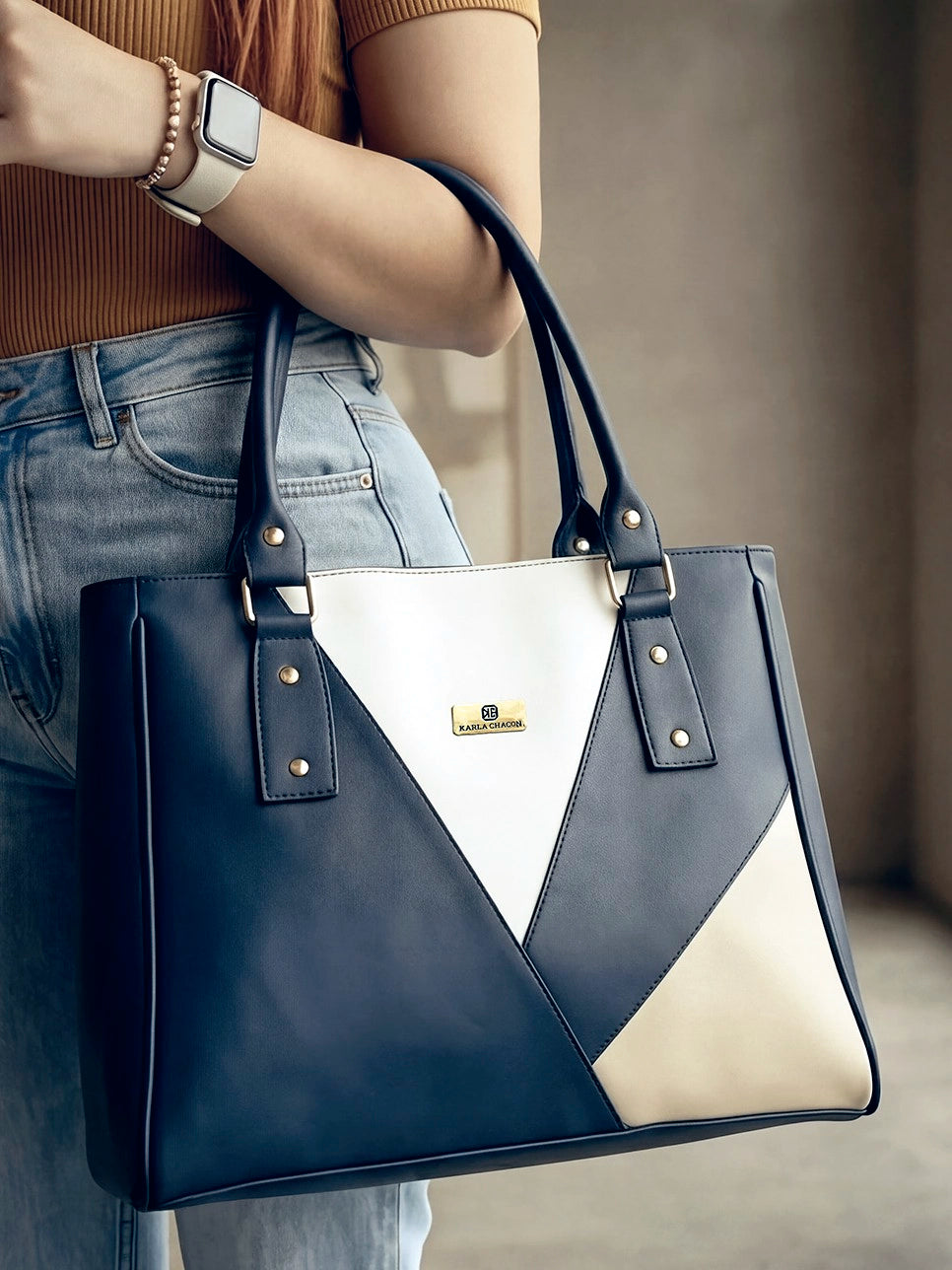 Bolso Cartera con Mondero - Negro, Azul y Beige (Olga)