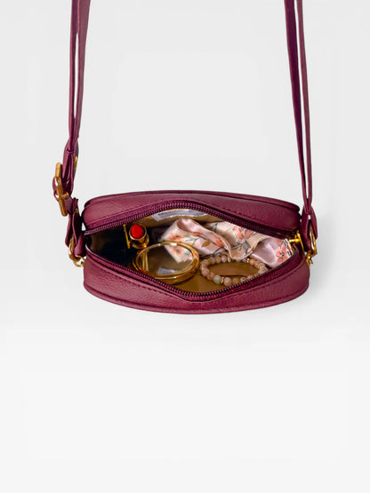 Bolso Bandolera Manos Libres Pequeño - Borgoña, Miel, Beige y Negro (Sade)