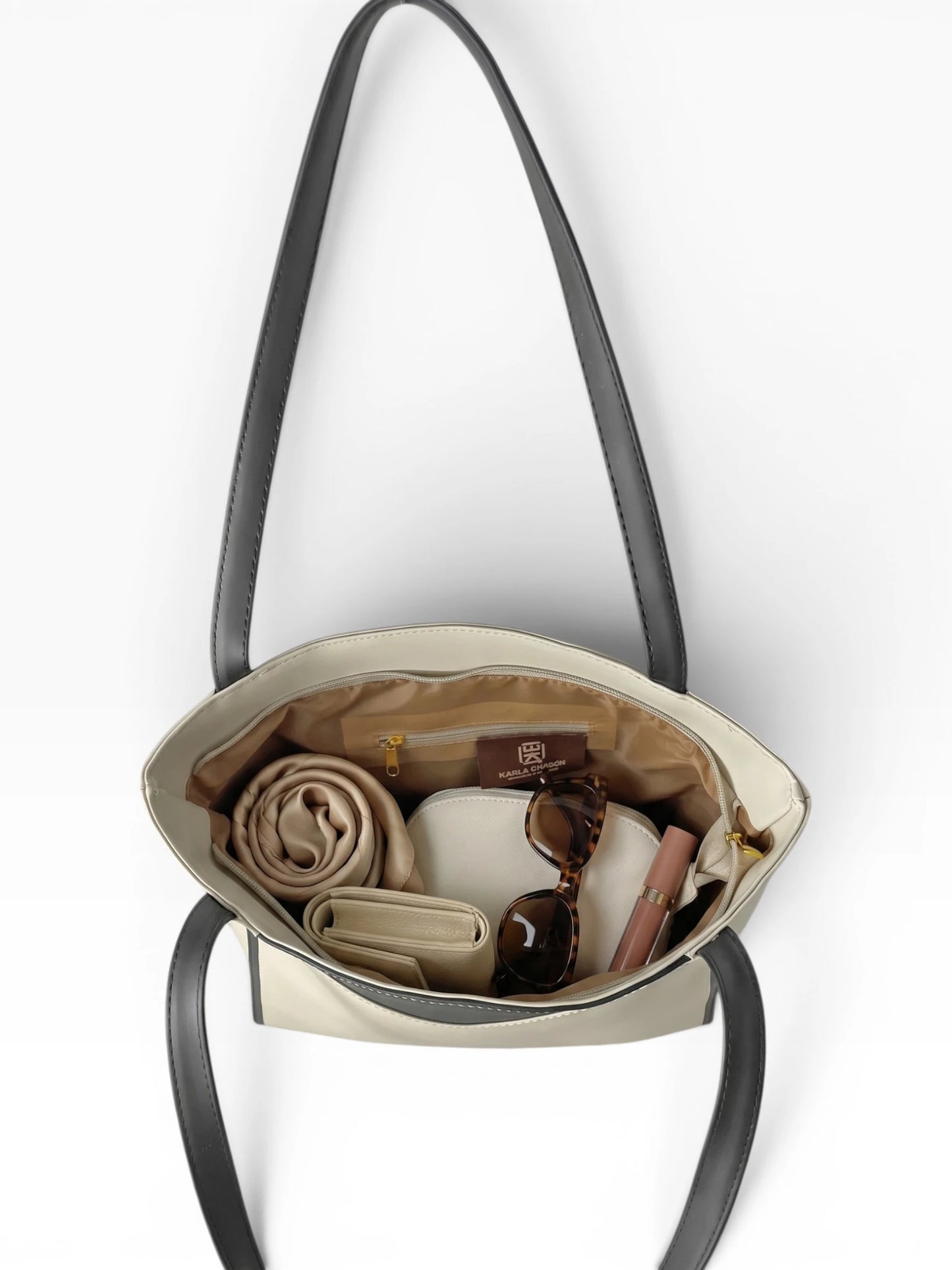 Bolso Cartera Tote Grande con cosmetiquera - Vinotinto, Negro y Beige (Vero)