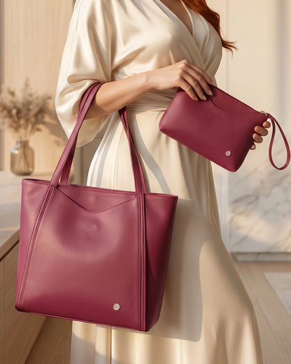 Bolso Cartera Tote Grande con cosmetiquera - Vinotinto, Negro y Beige (Vero)